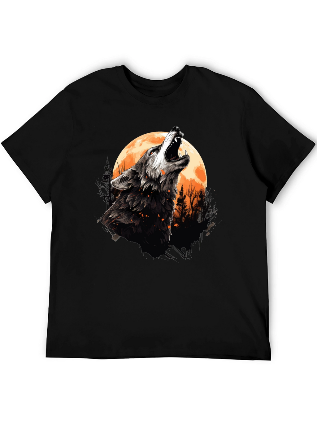 Wolf Howling at Moon Graphic Tee - Black Cotton