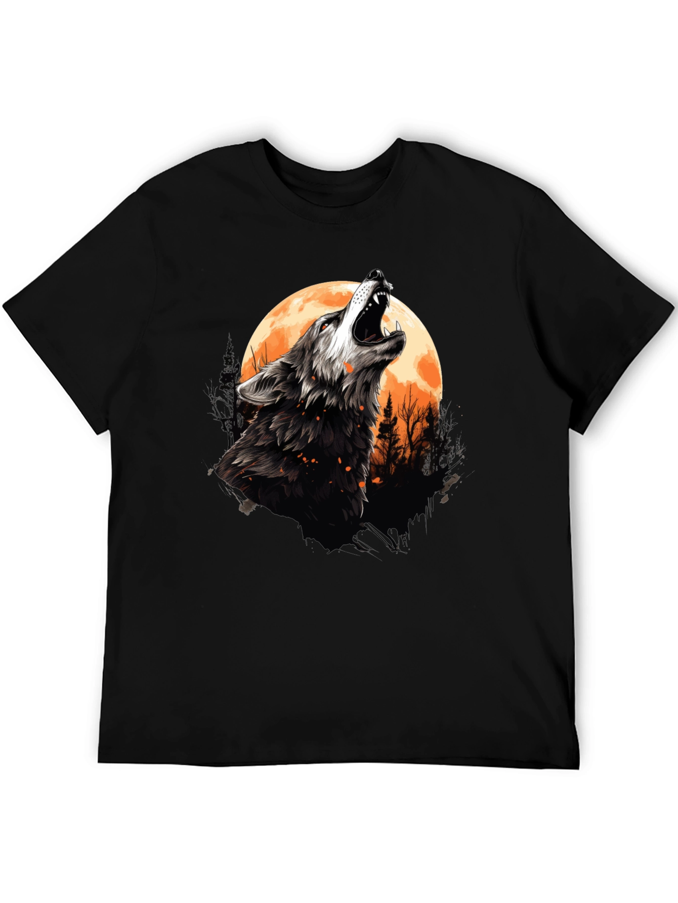 Wolf Howling at Moon Graphic Tee - Black Cotton