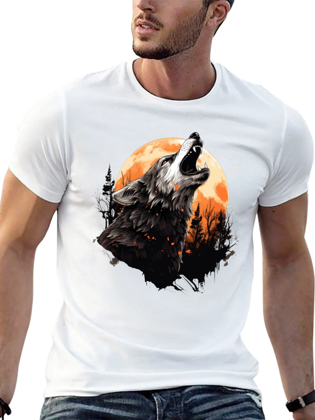 Wolf Howling at Moon Graphic Tee - Black Cotton
