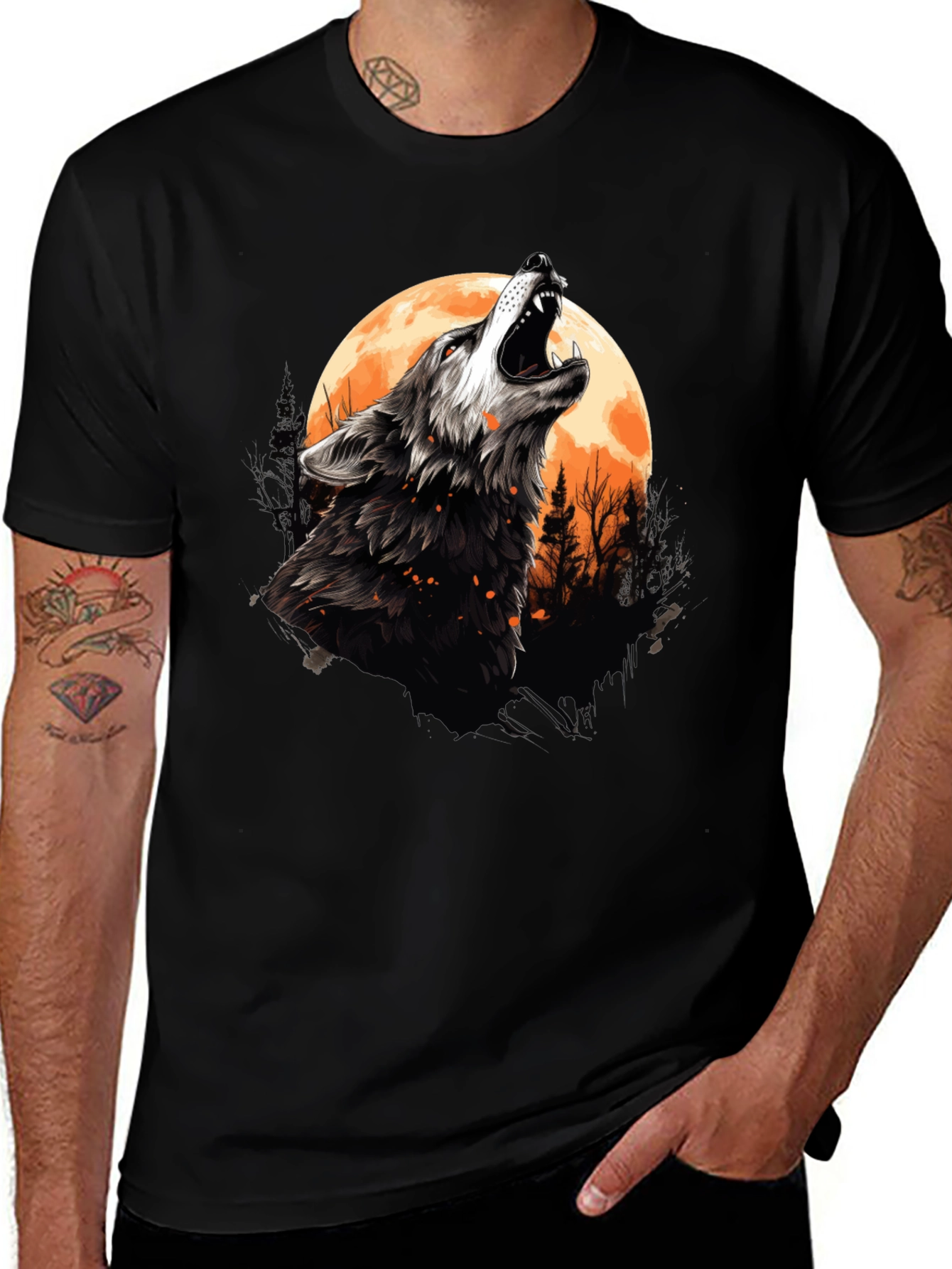 Wolf Howling at Moon Graphic Tee - Black Cotton