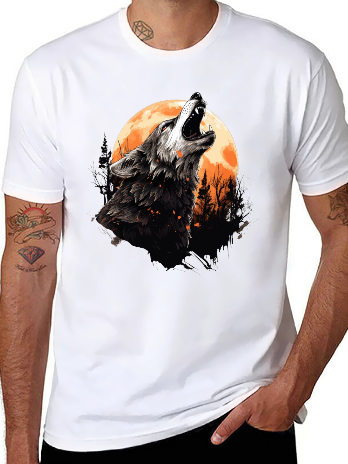 Wolf Howling at Moon Graphic Tee - Black Cotton