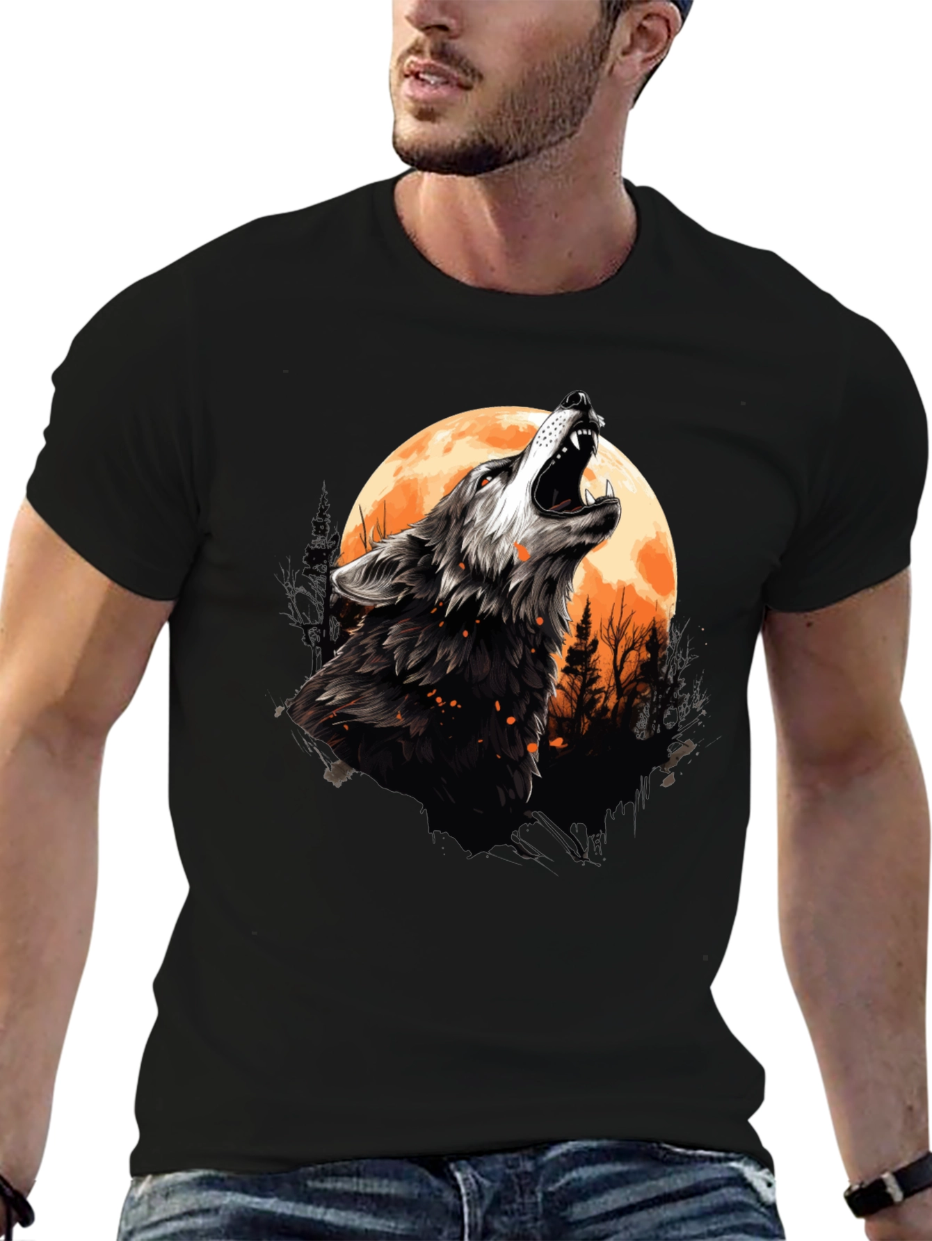 Wolf Howling at Moon Graphic Tee - Black Cotton