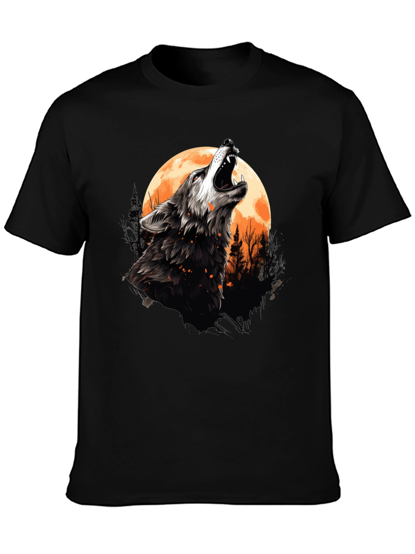 Wolf Howling at Moon Graphic Tee - Black Cotton