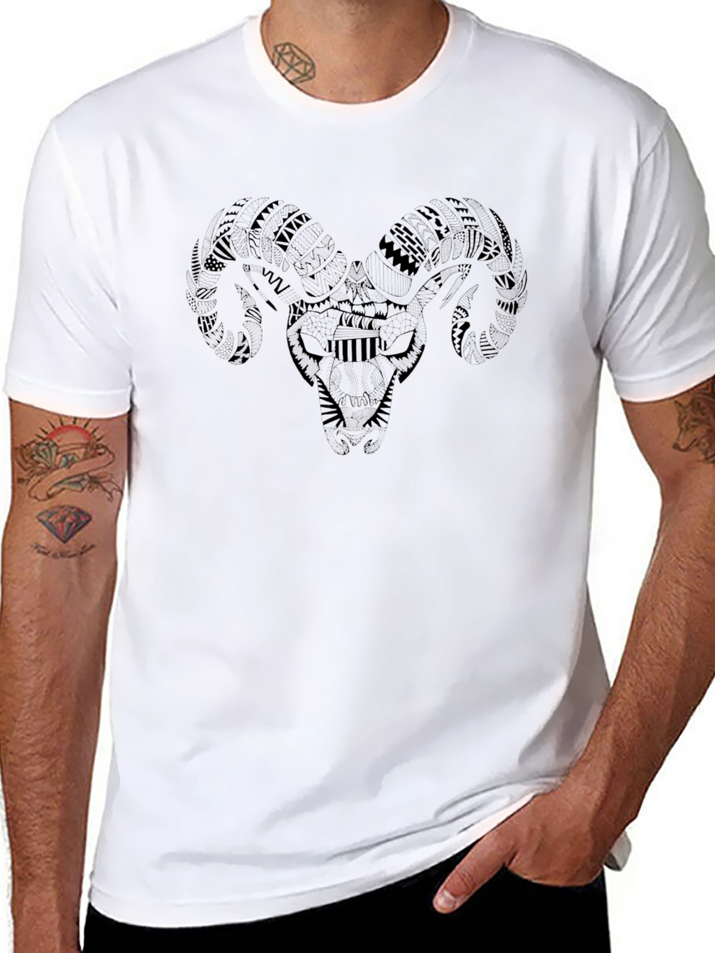 Tribal Ram Skull Graphic Black T-Shirt