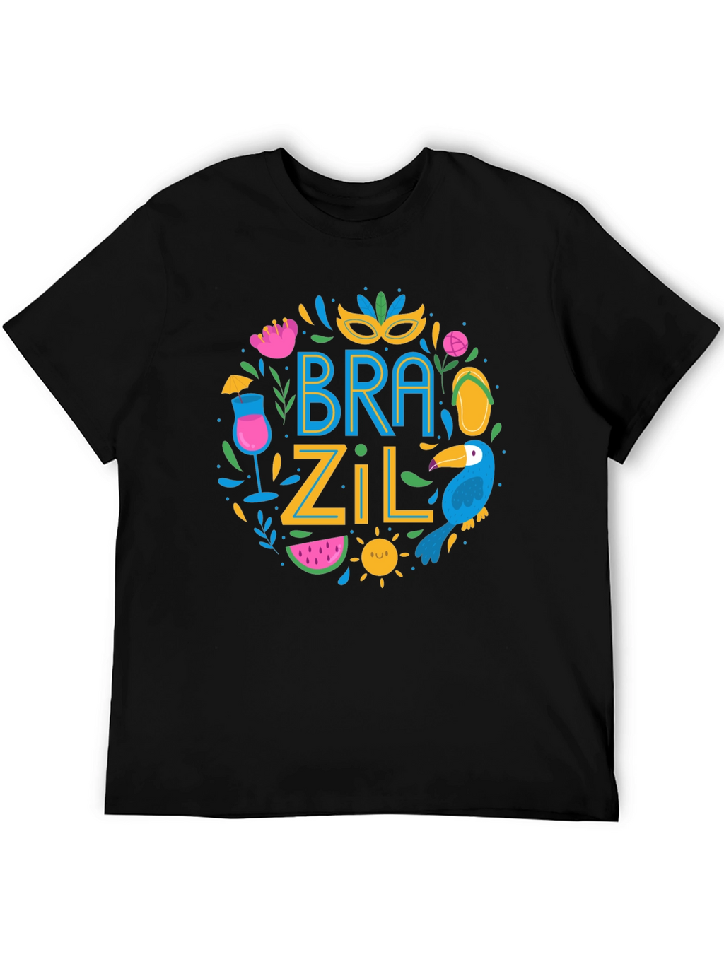 Brazil Themed Graphic Print Black T-Shirt