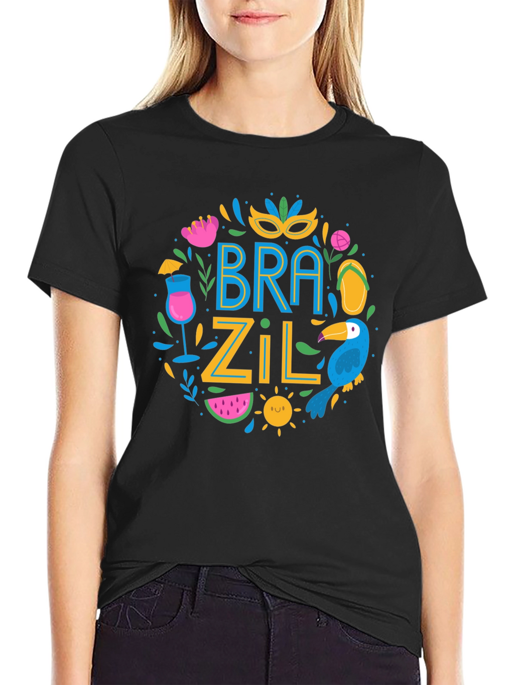 Brazil Themed Graphic Print Black T-Shirt
