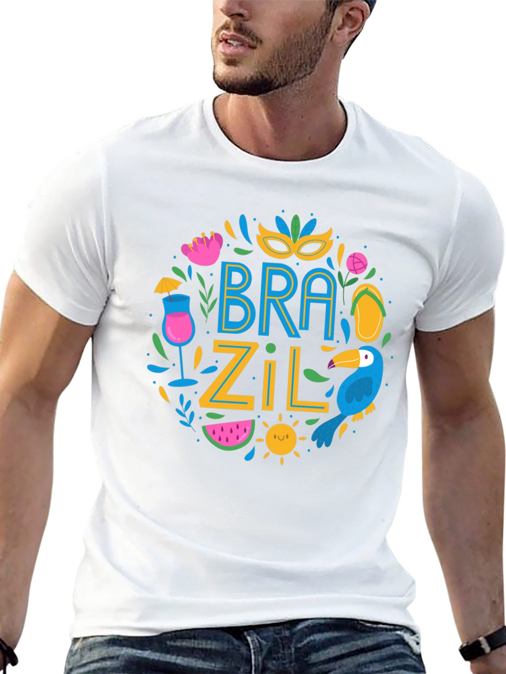 Brazil Themed Graphic Print Black T-Shirt