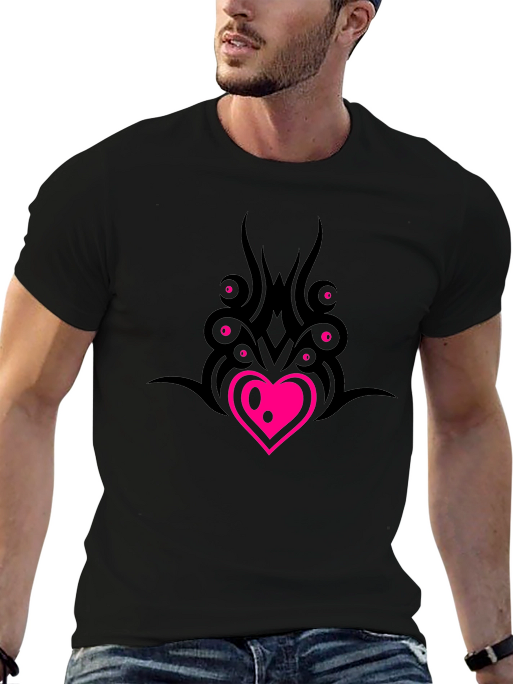 Black T-Shirt with Heart & Tribal Design