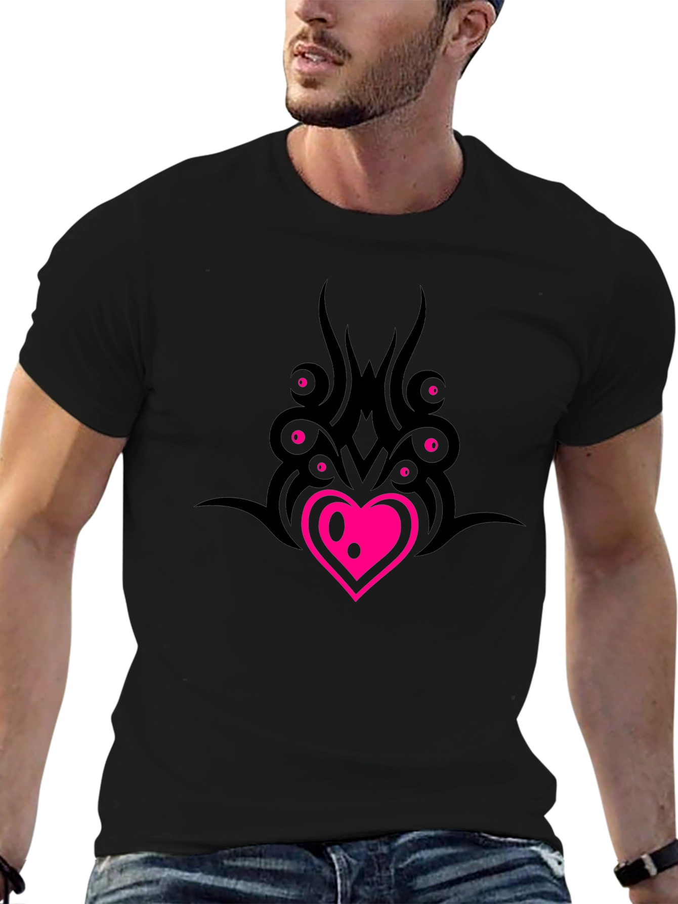 Black T-Shirt with Heart & Tribal Design