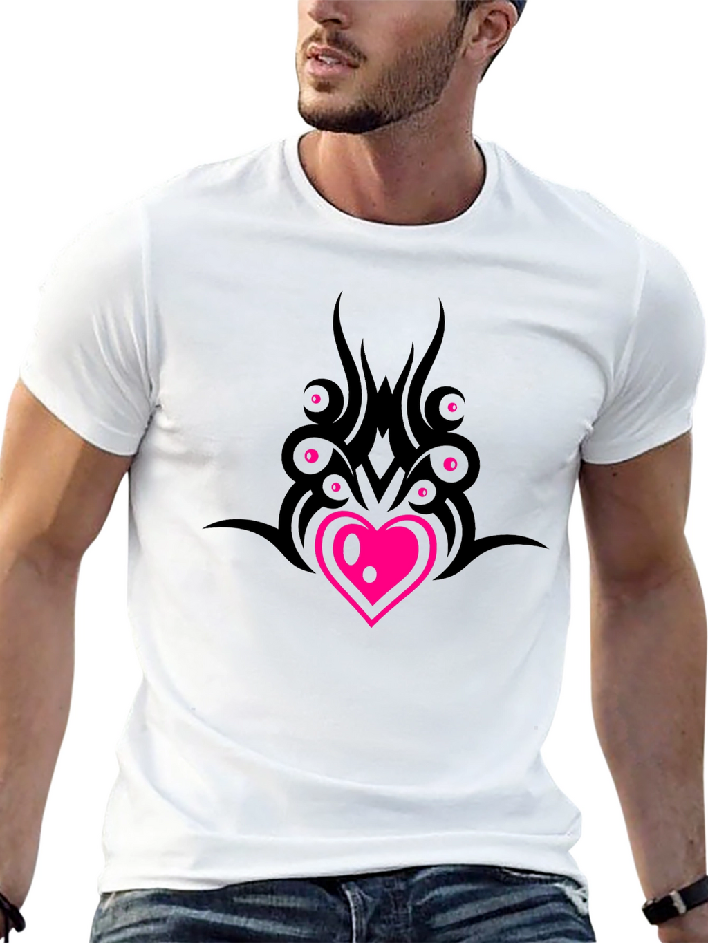 Black T-Shirt with Heart & Tribal Design