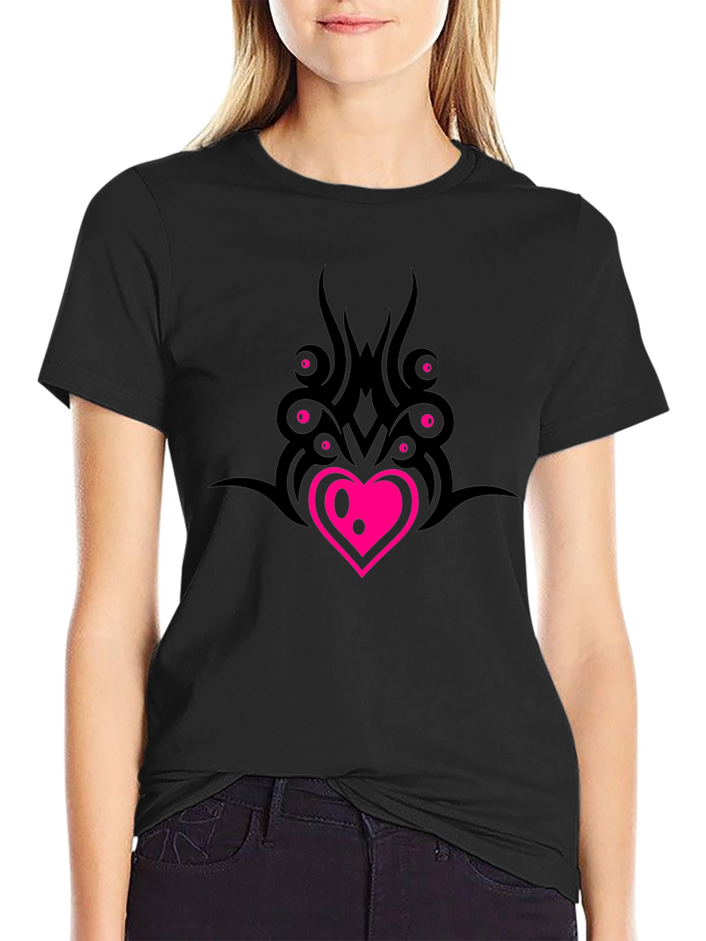 Black T-Shirt with Heart & Tribal Design