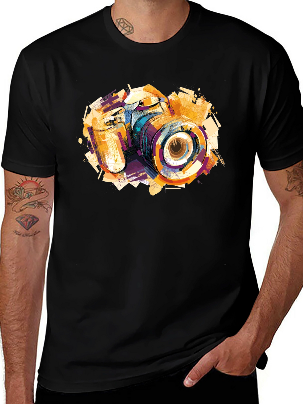 Abstract Camera Graphic Print Black T-Shirt