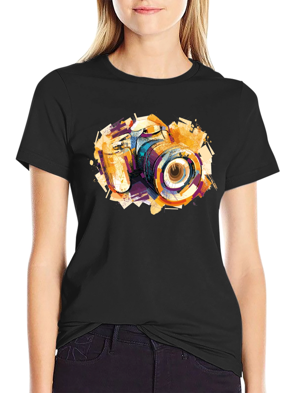 Abstract Camera Graphic Print Black T-Shirt