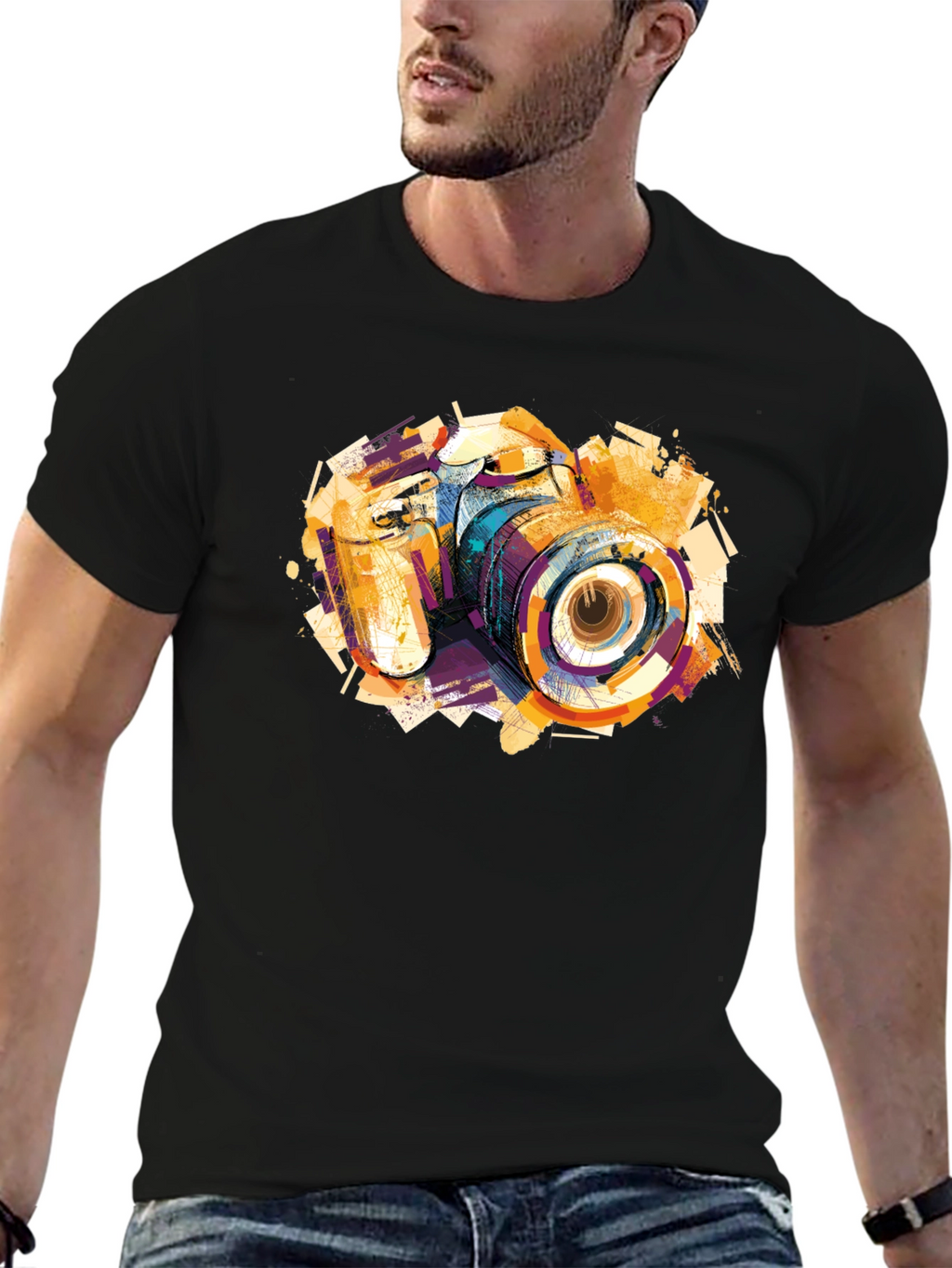 Abstract Camera Graphic Print Black T-Shirt