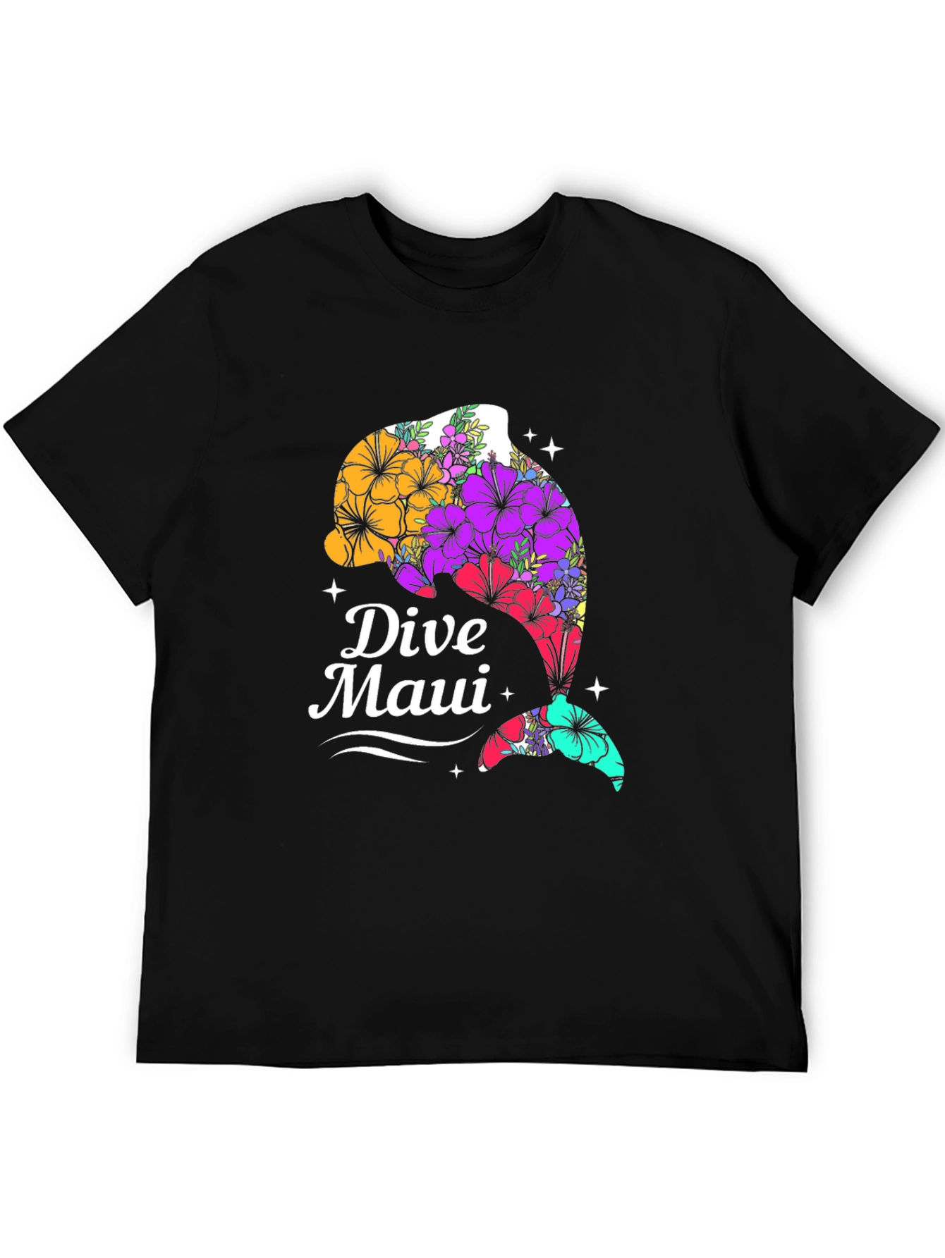 Dive Maui Floral Dolphin Graphic Tee - Black Cotton