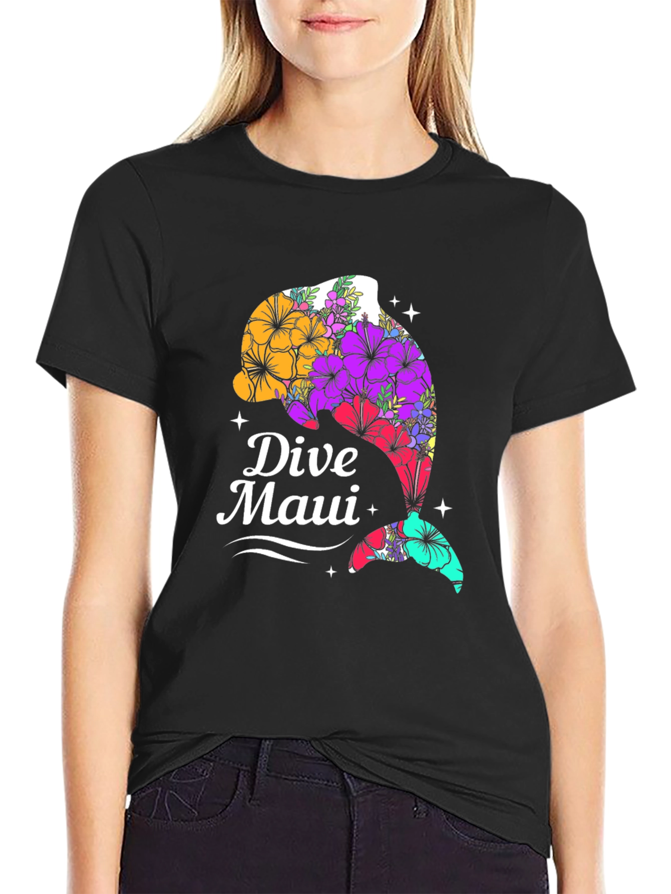 Dive Maui Floral Dolphin Graphic Tee - Black Cotton