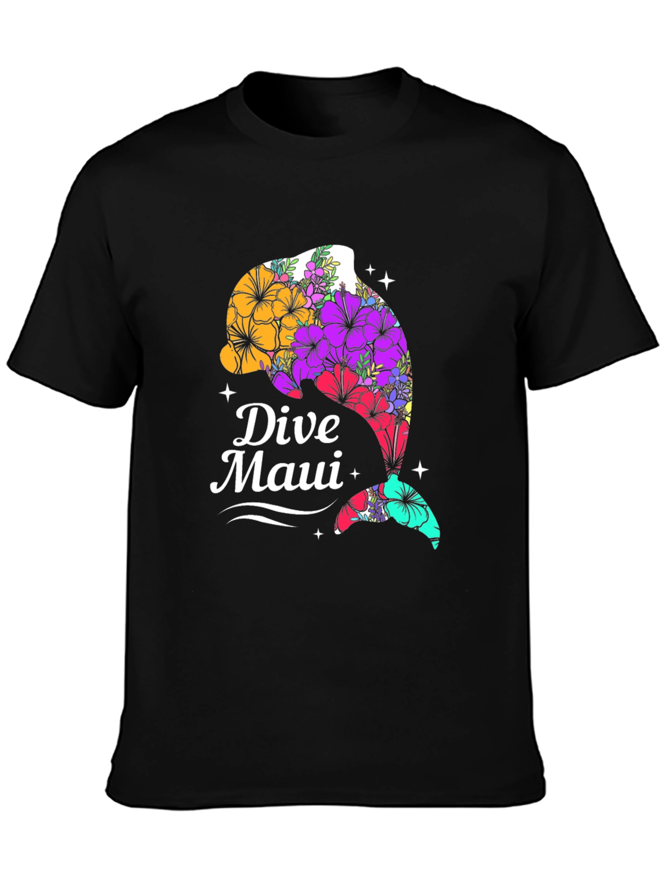 Dive Maui Floral Dolphin Graphic Tee - Black Cotton