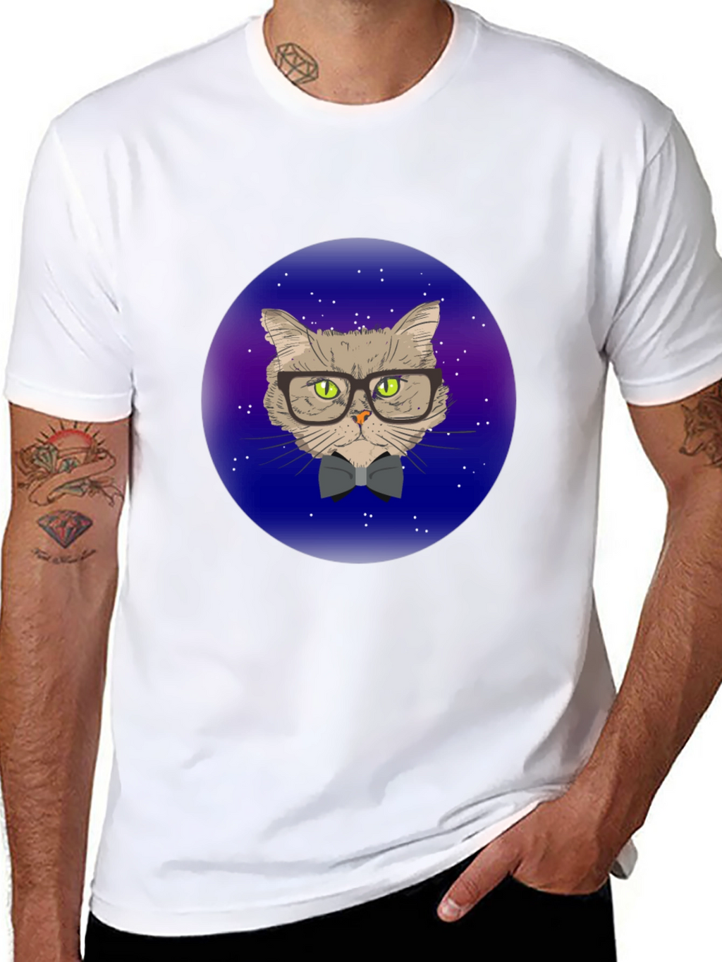 Hipster Cat T-Shirt - Galaxy Background Design