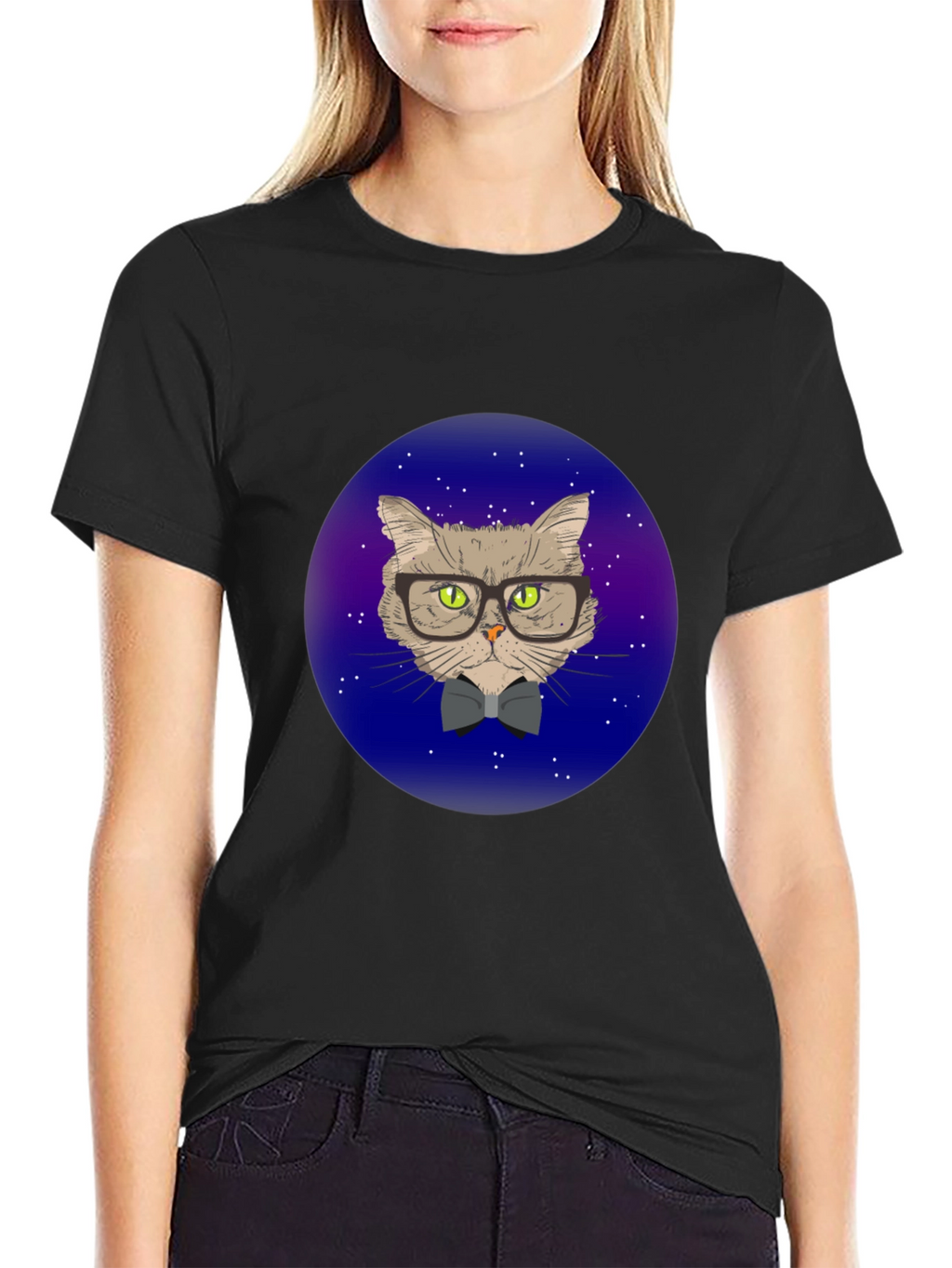 Hipster Cat T-Shirt - Galaxy Background Design