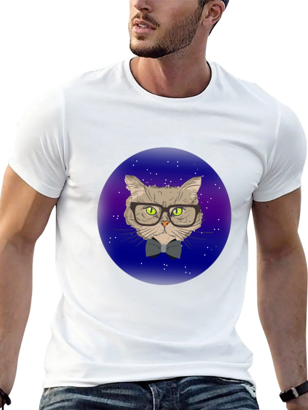 Hipster Cat T-Shirt - Galaxy Background Design