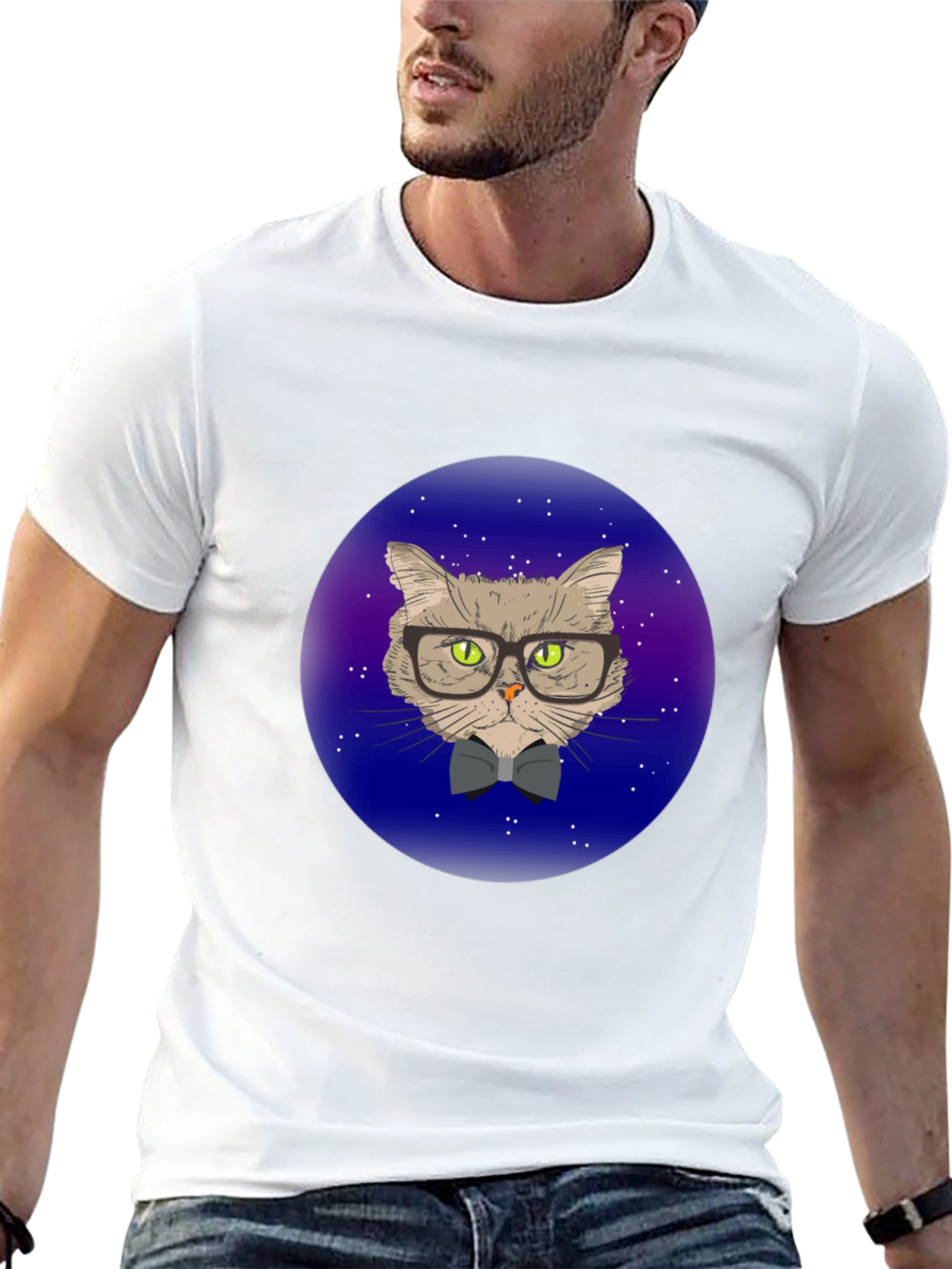 Hipster Cat T-Shirt - Galaxy Background Design