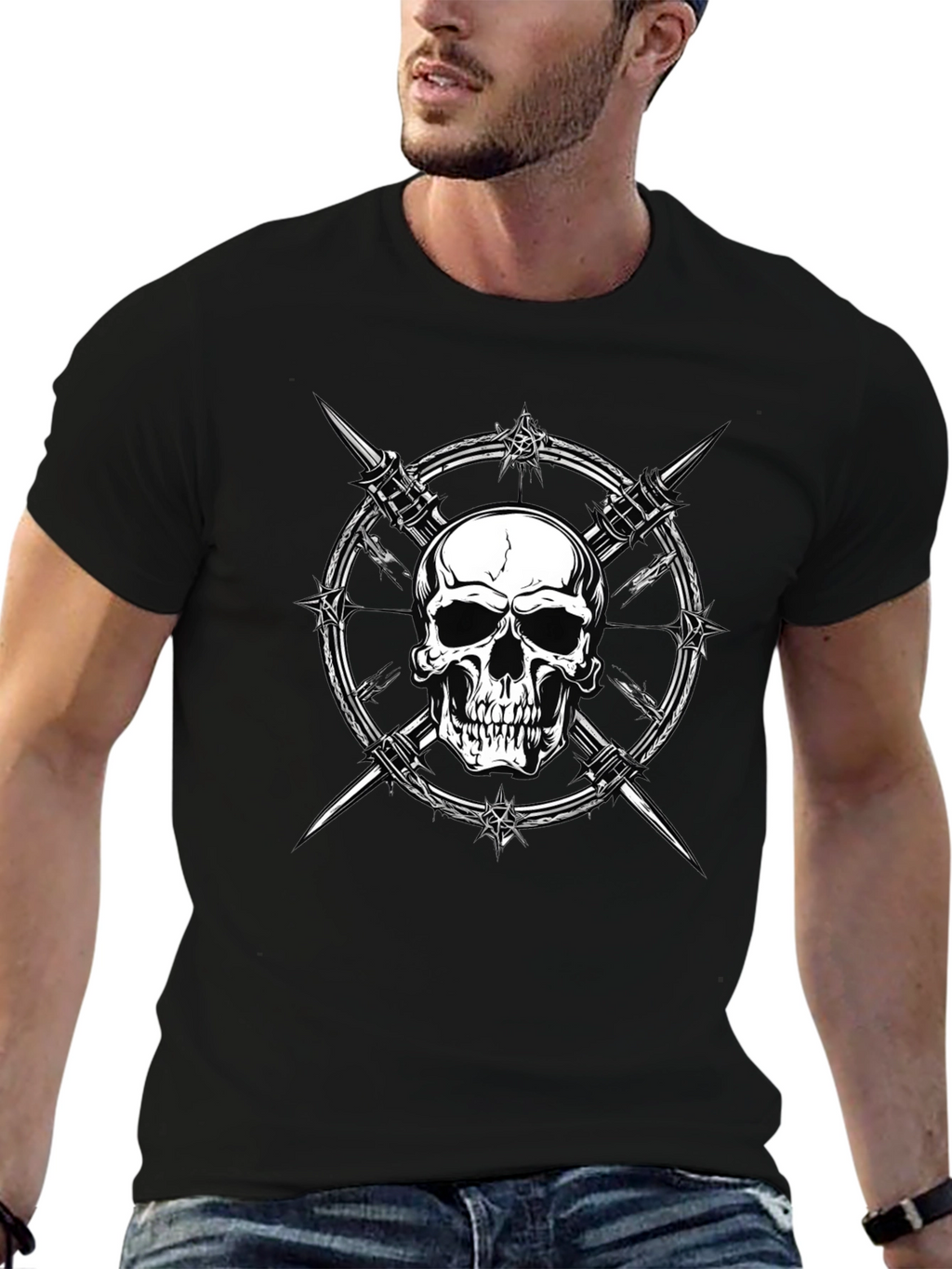 Skull & Barbed Wire Graphic Print Black T-Shirt