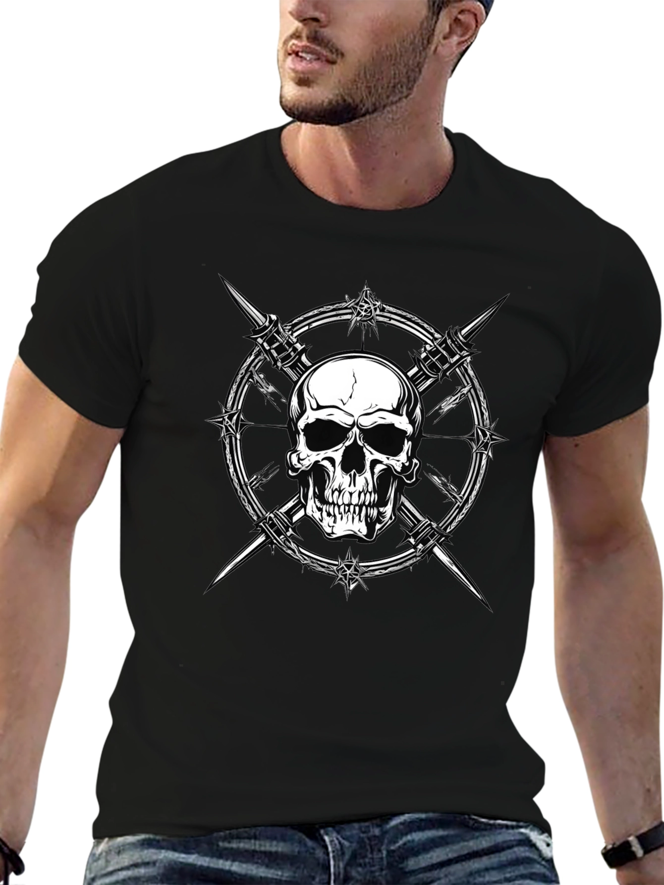 Skull & Barbed Wire Graphic Print Black T-Shirt