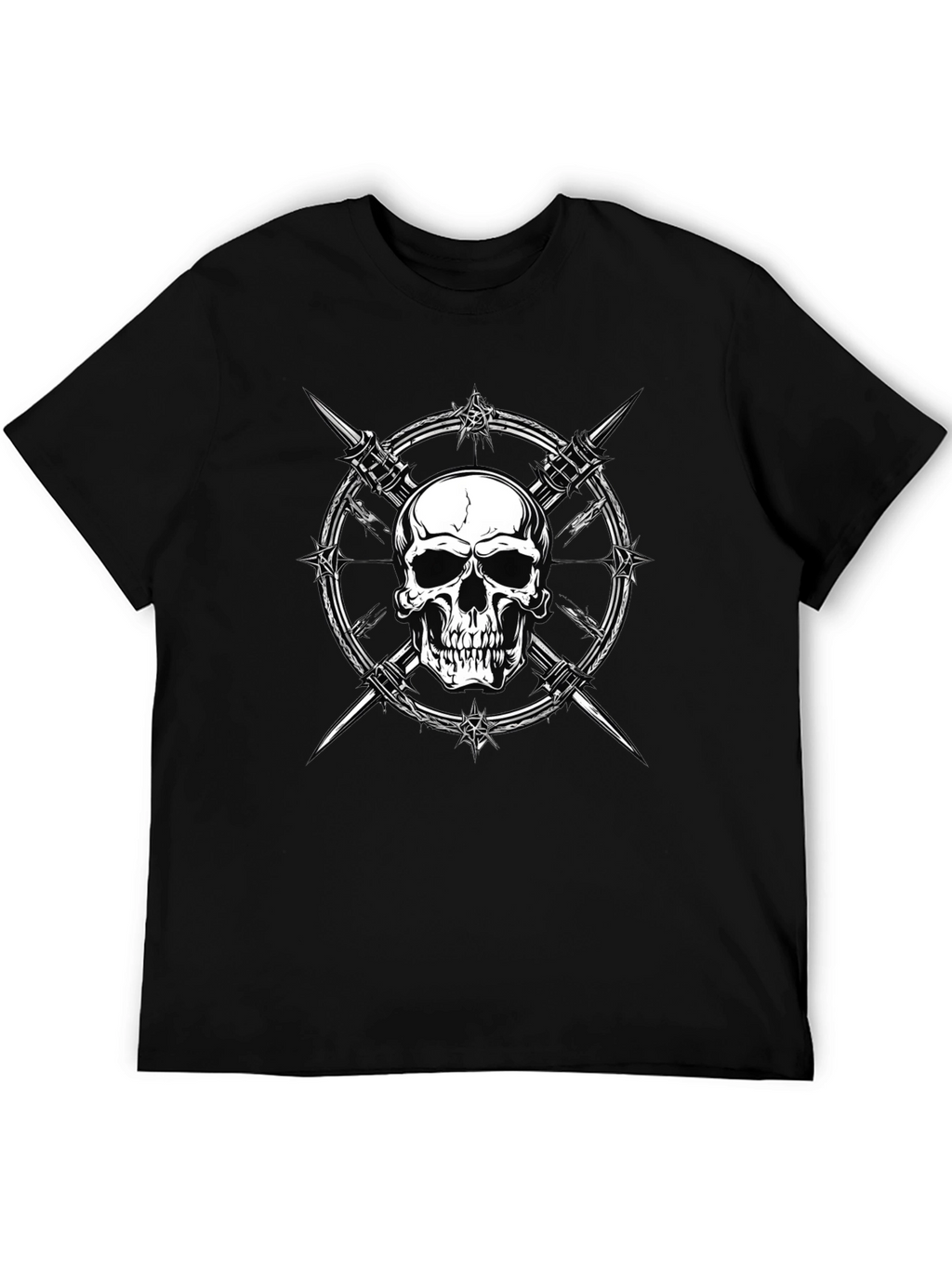 Skull & Barbed Wire Graphic Print Black T-Shirt