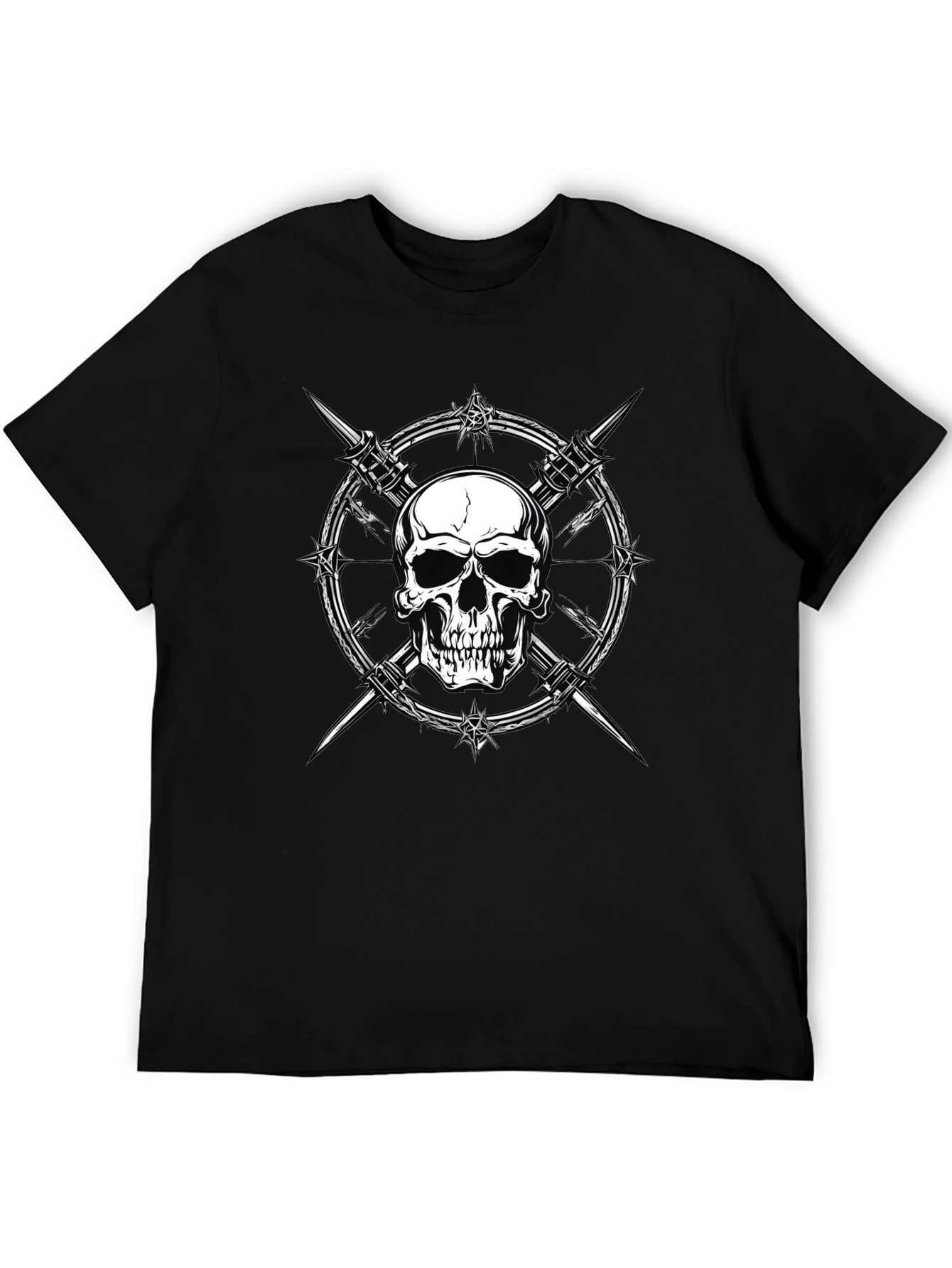Skull & Barbed Wire Graphic Print Black T-Shirt