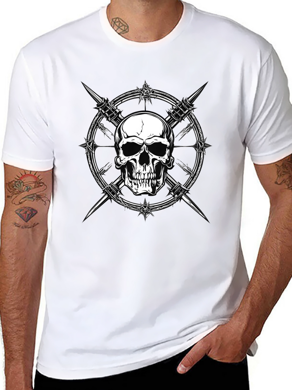 Skull & Barbed Wire Graphic Print Black T-Shirt
