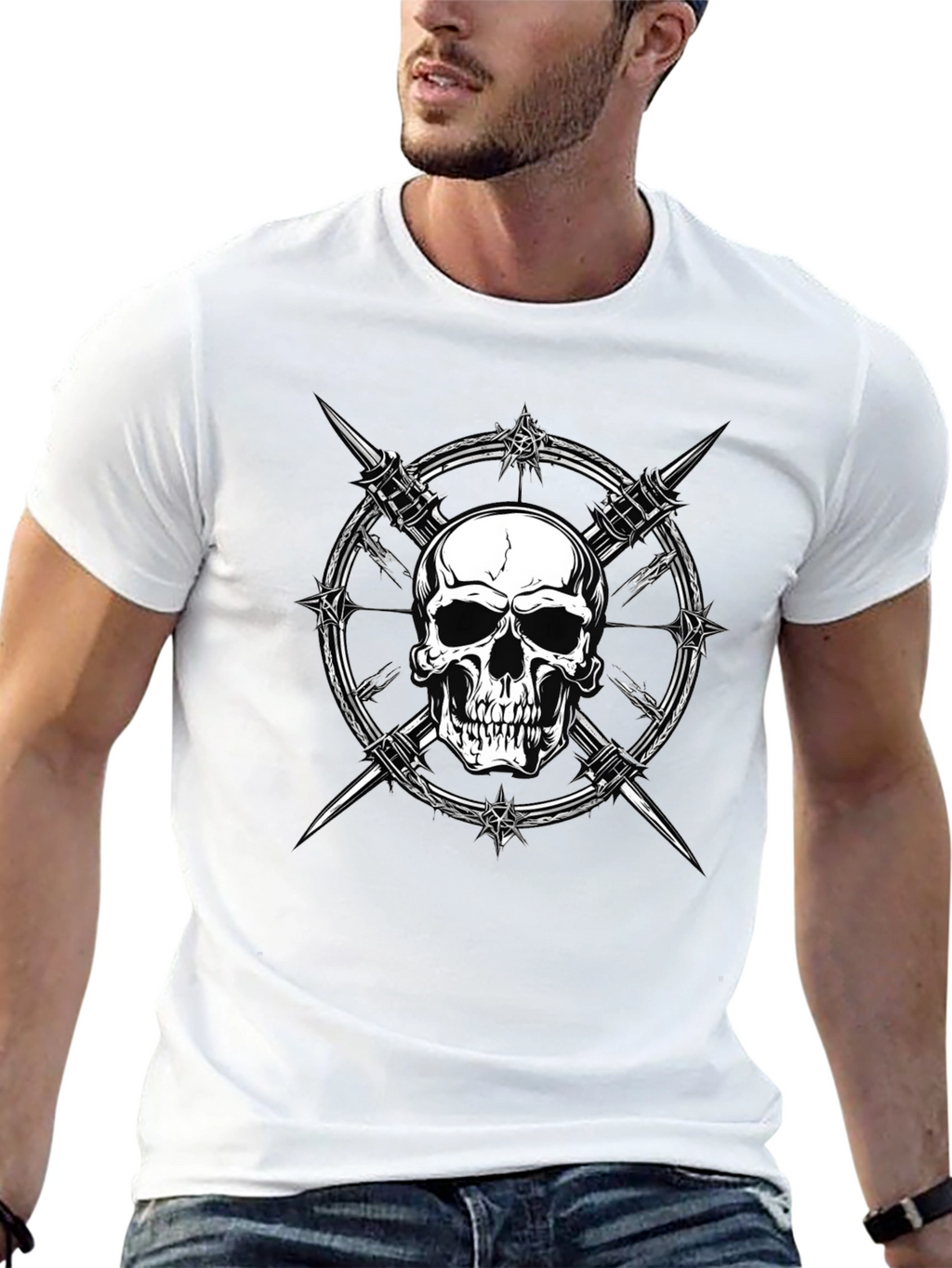 Skull & Barbed Wire Graphic Print Black T-Shirt