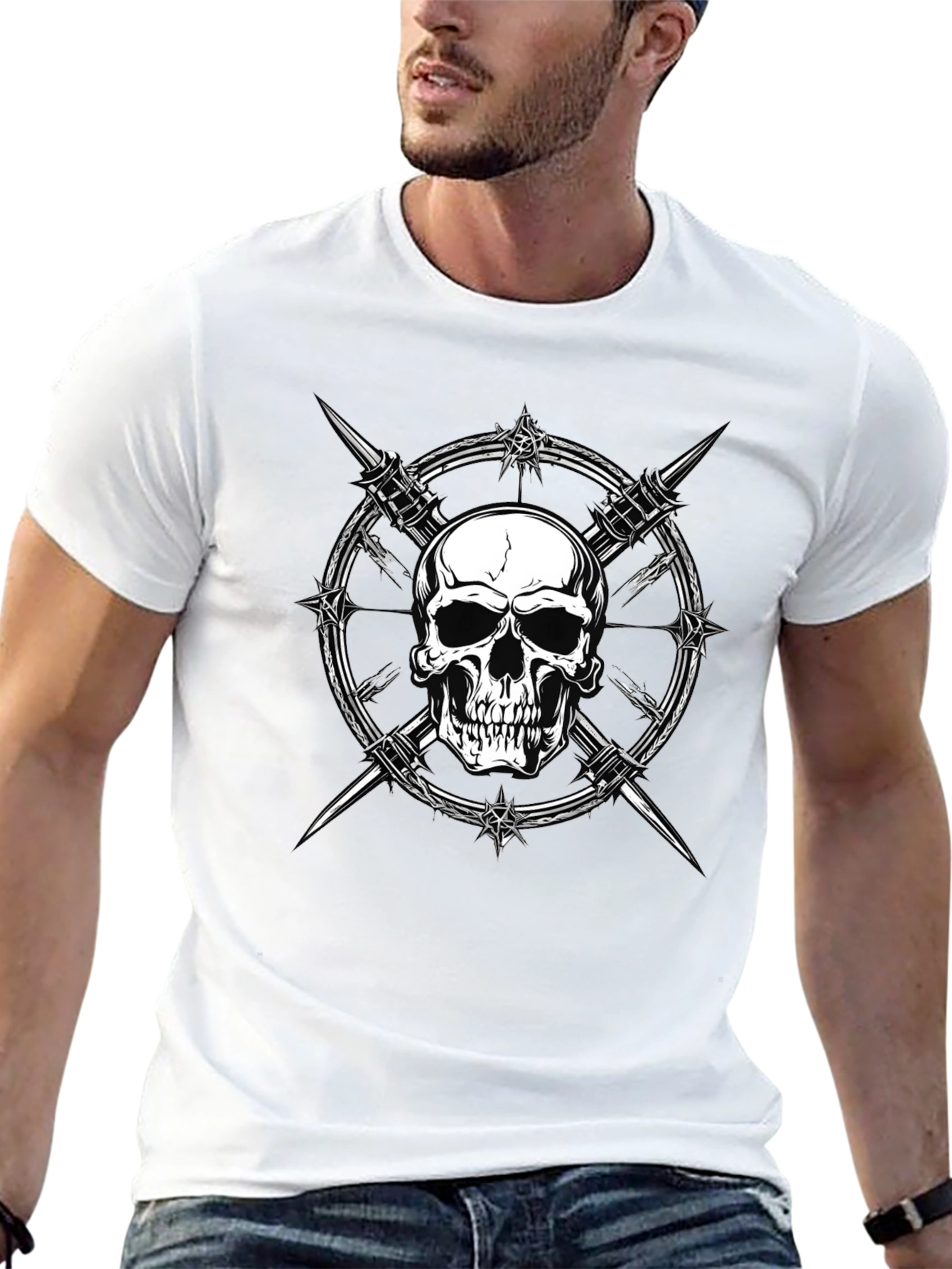 Skull & Barbed Wire Graphic Print Black T-Shirt