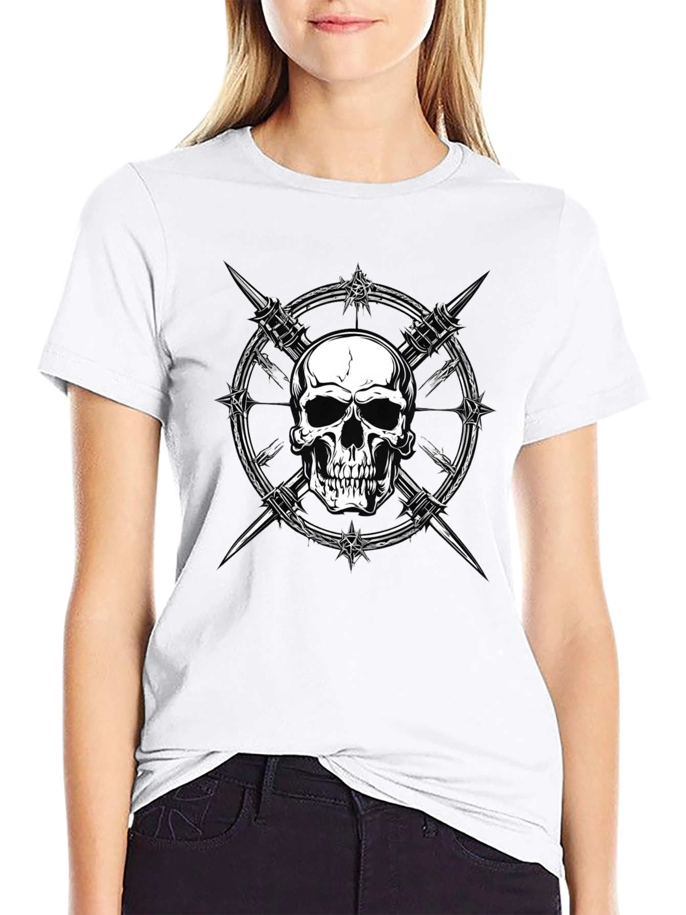 Skull & Barbed Wire Graphic Print Black T-Shirt