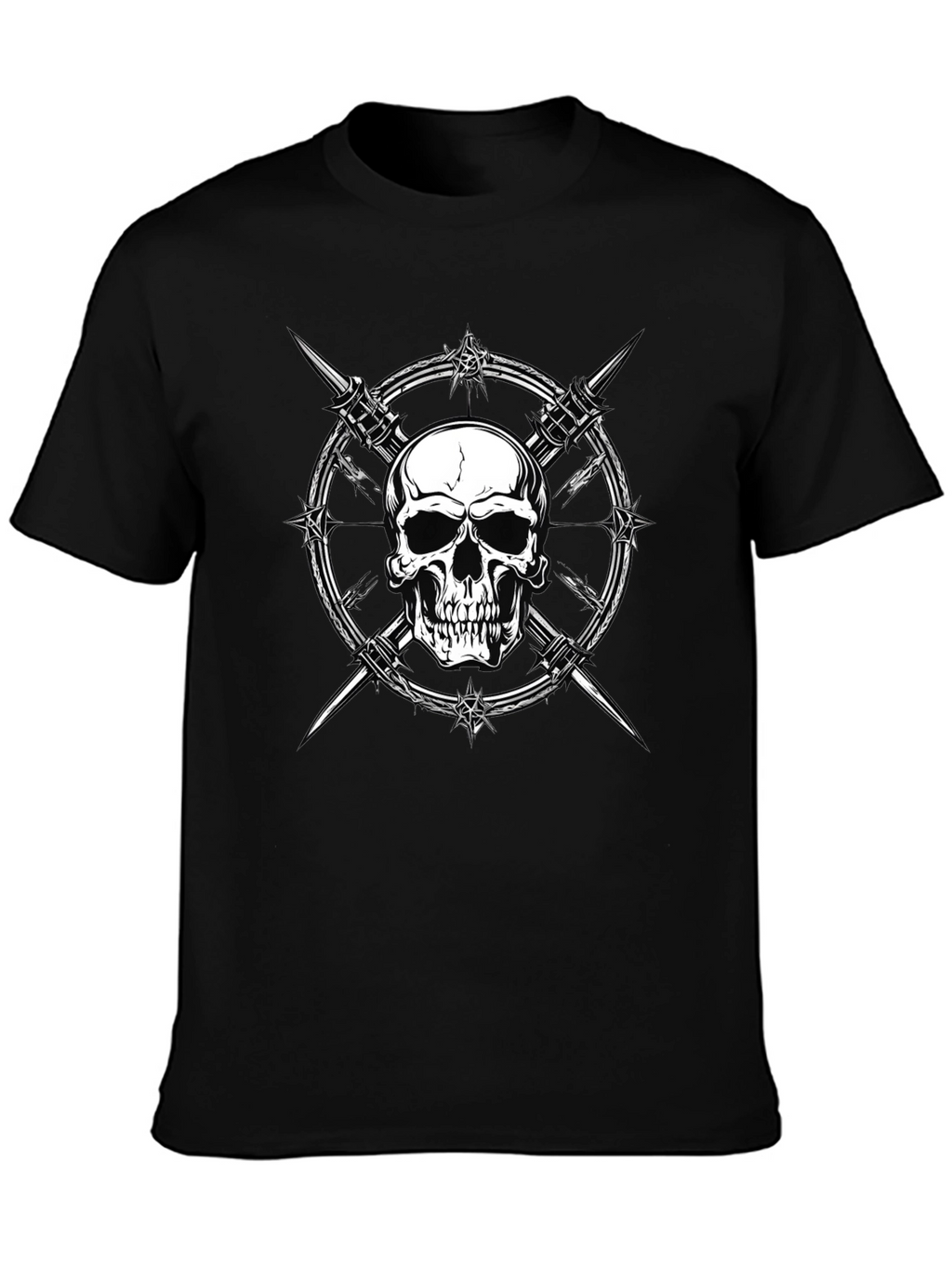 Skull & Barbed Wire Graphic Print Black T-Shirt