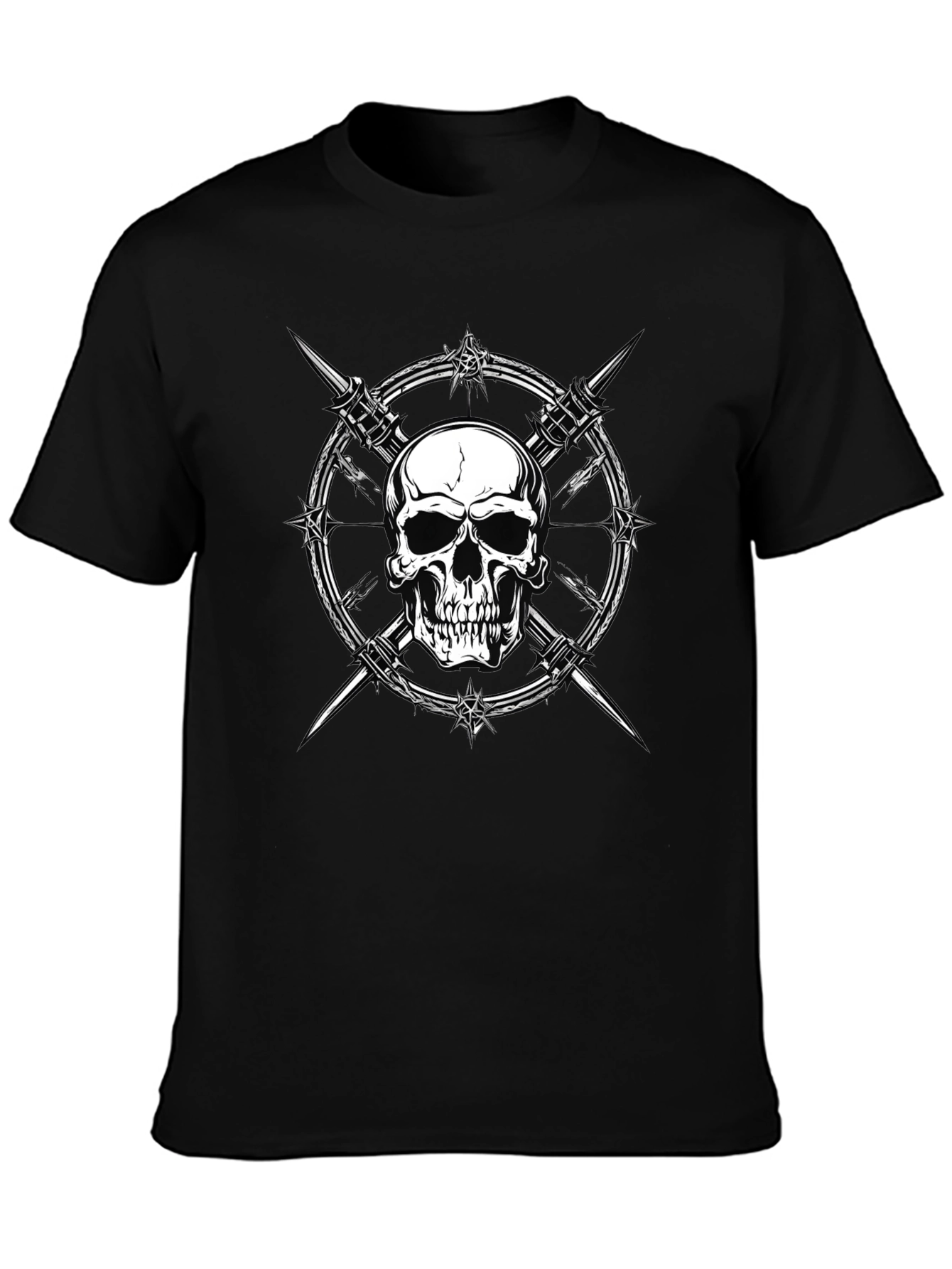 Skull & Barbed Wire Graphic Print Black T-Shirt