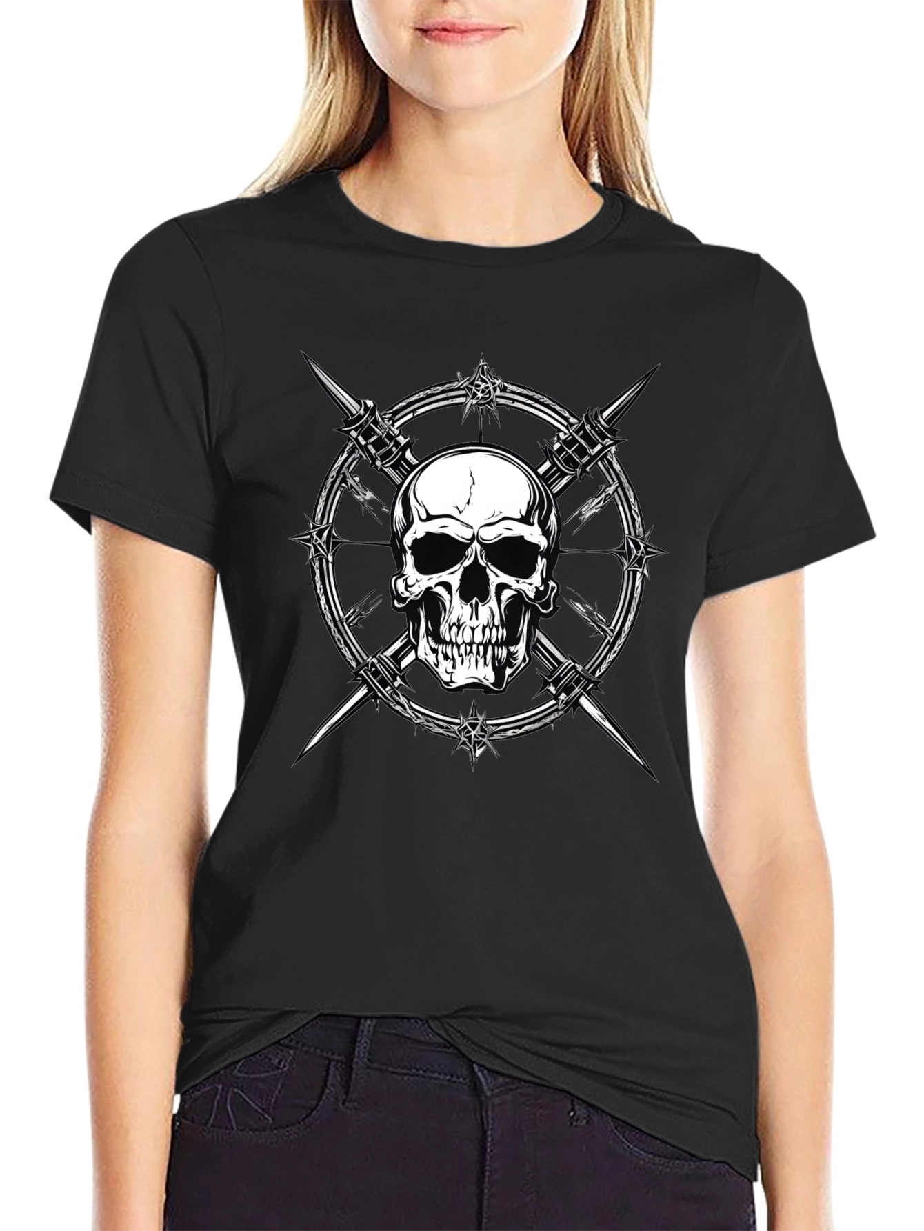 Skull & Barbed Wire Graphic Print Black T-Shirt