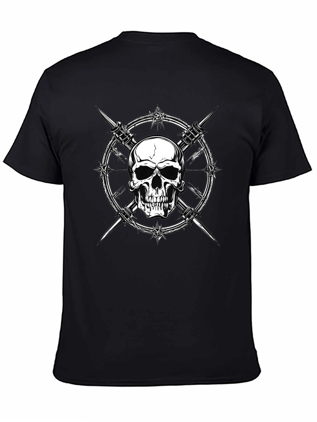 Skull & Barbed Wire Graphic Print Black T-Shirt