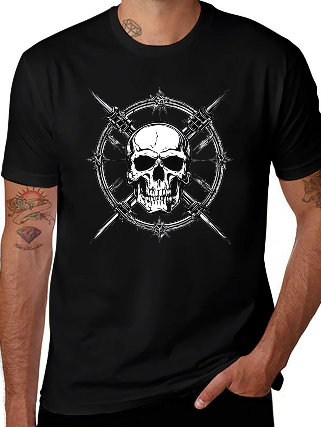 Skull & Barbed Wire Graphic Print Black T-Shirt