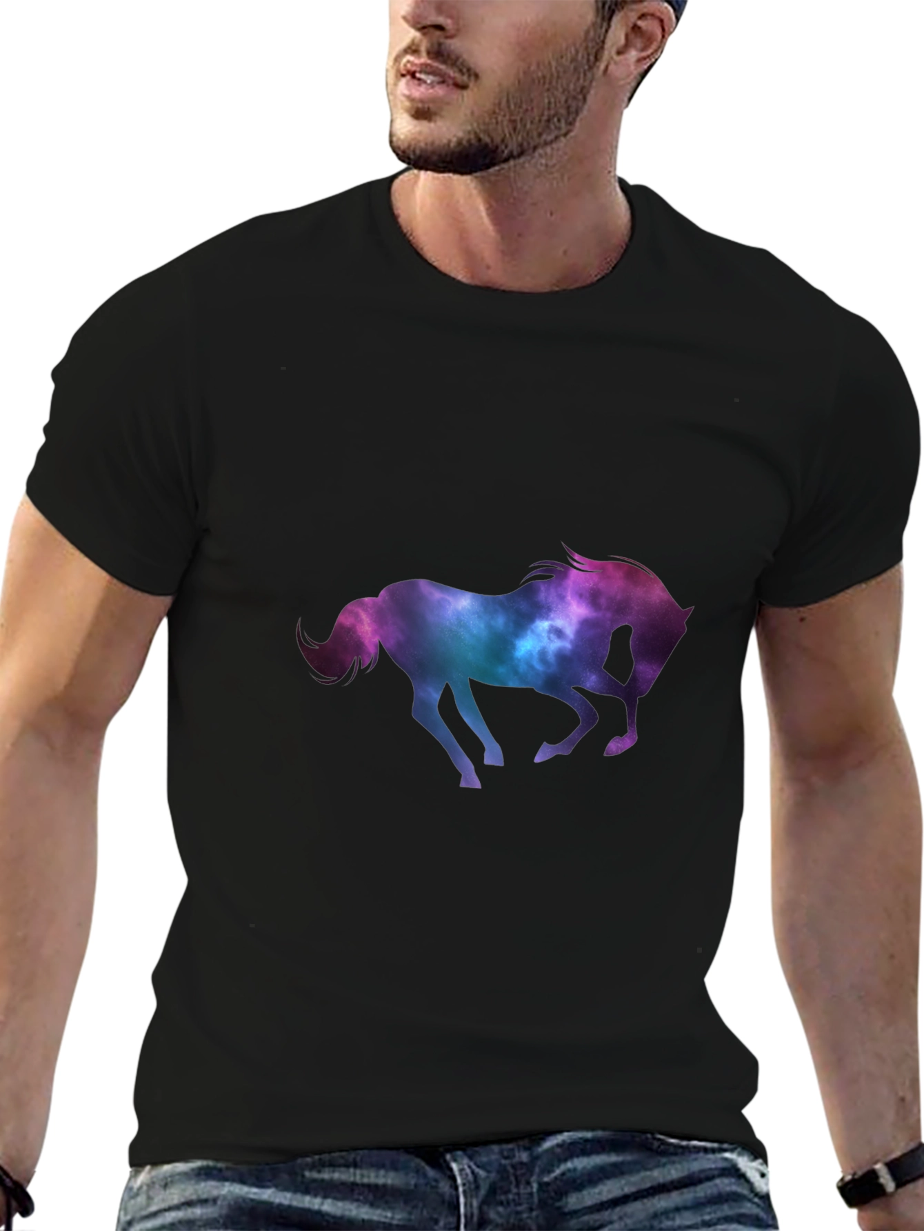 Galaxy Horse Graphic Tee - Black Casual T-Shirt