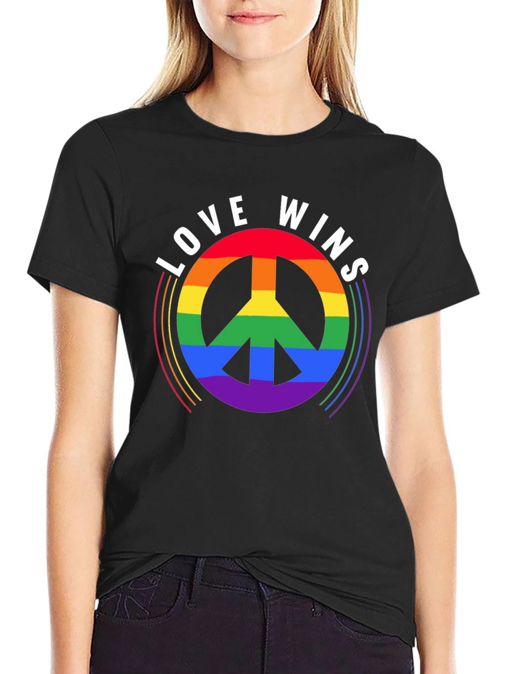 Love Wins Rainbow Peace Sign Black T-Shirt