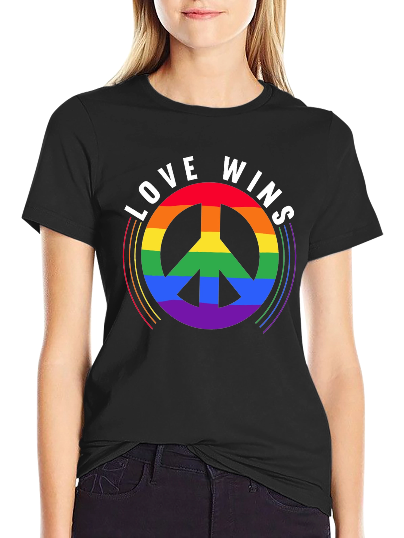 Love Wins Rainbow Peace Sign Black T-Shirt