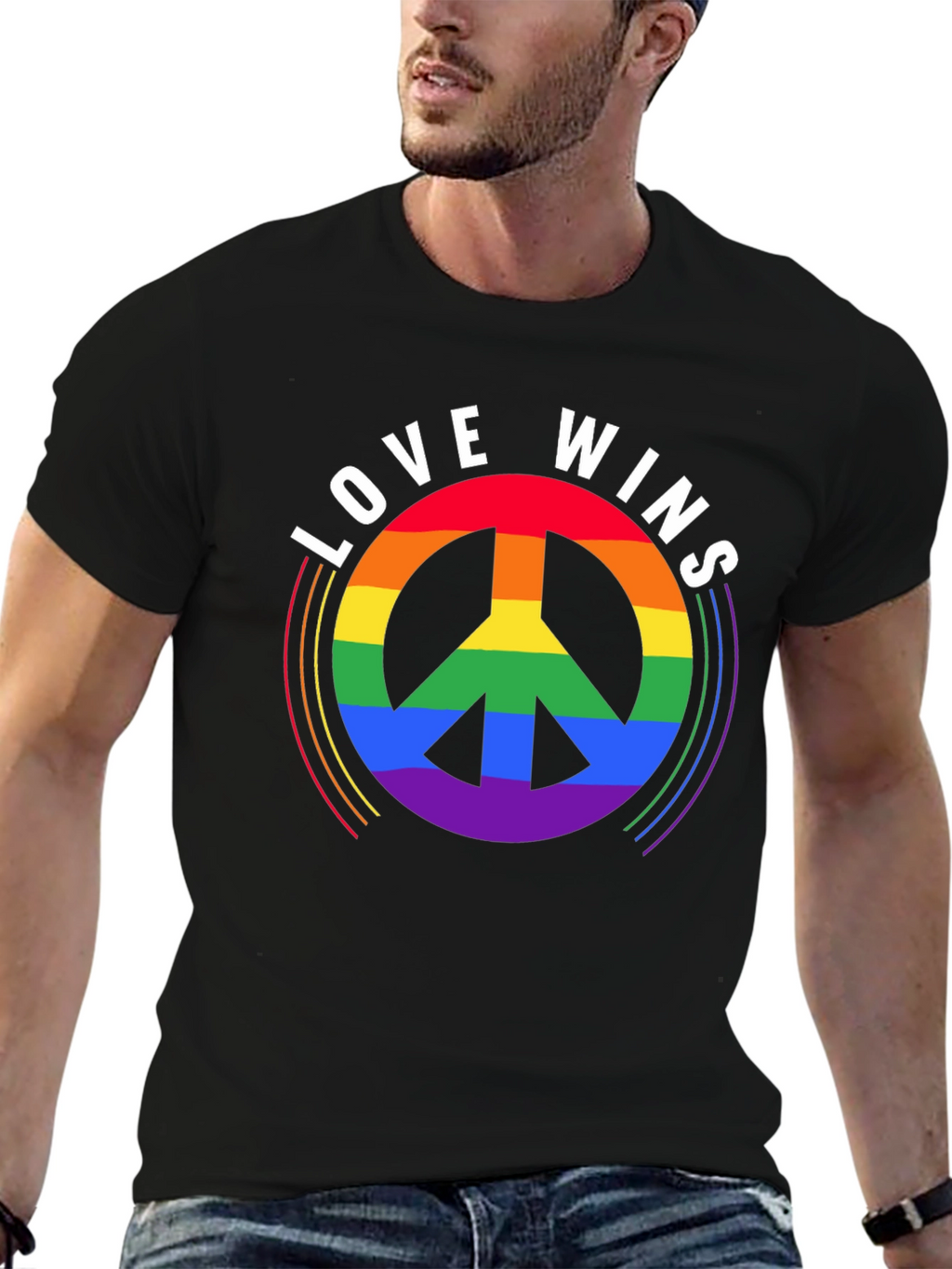 Love Wins Rainbow Peace Sign Black T-Shirt