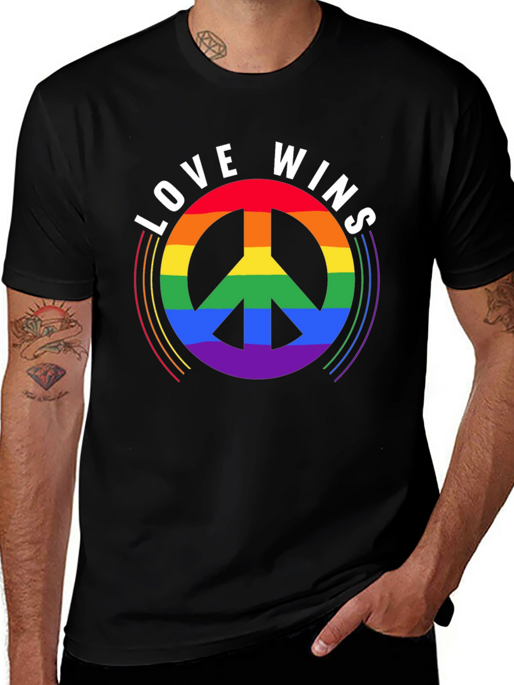 Love Wins Rainbow Peace Sign Black T-Shirt