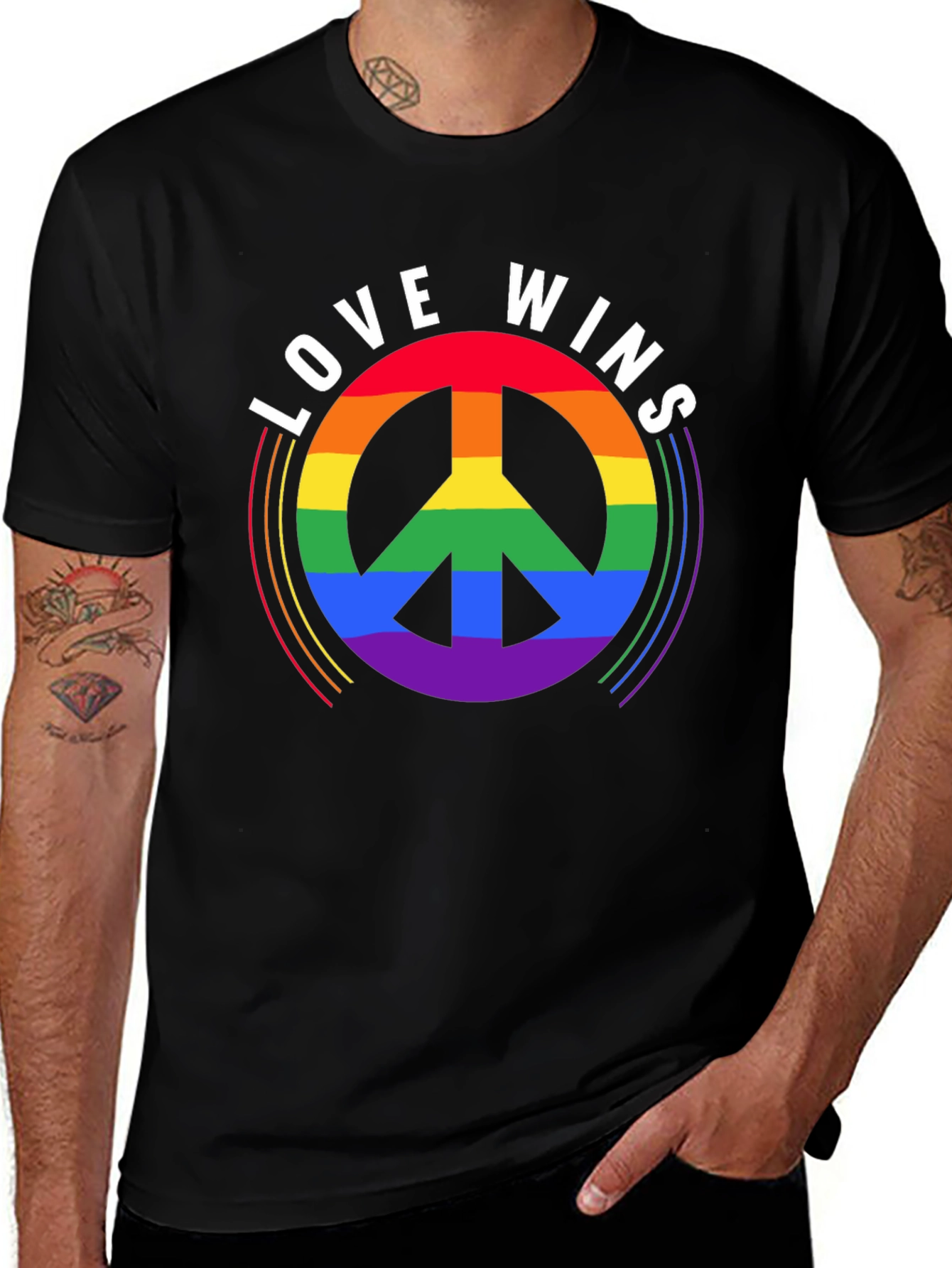 Love Wins Rainbow Peace Sign Black T-Shirt