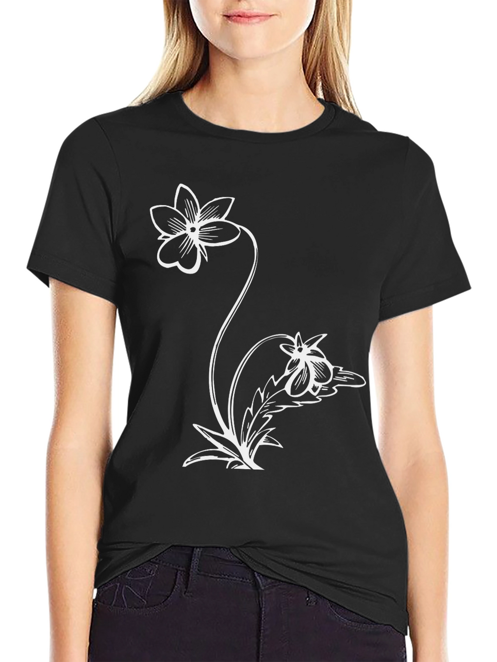 Black T-Shirt with Floral Graphic