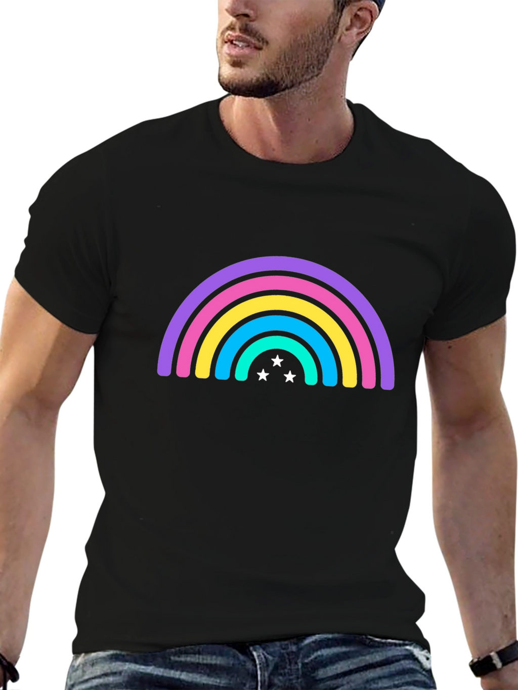 Rainbow Star Graphic Tee - Black Casual T-Shirt