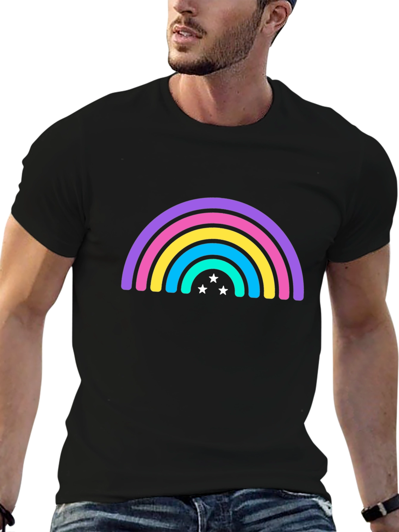 Rainbow Star Graphic Tee - Black Casual T-Shirt