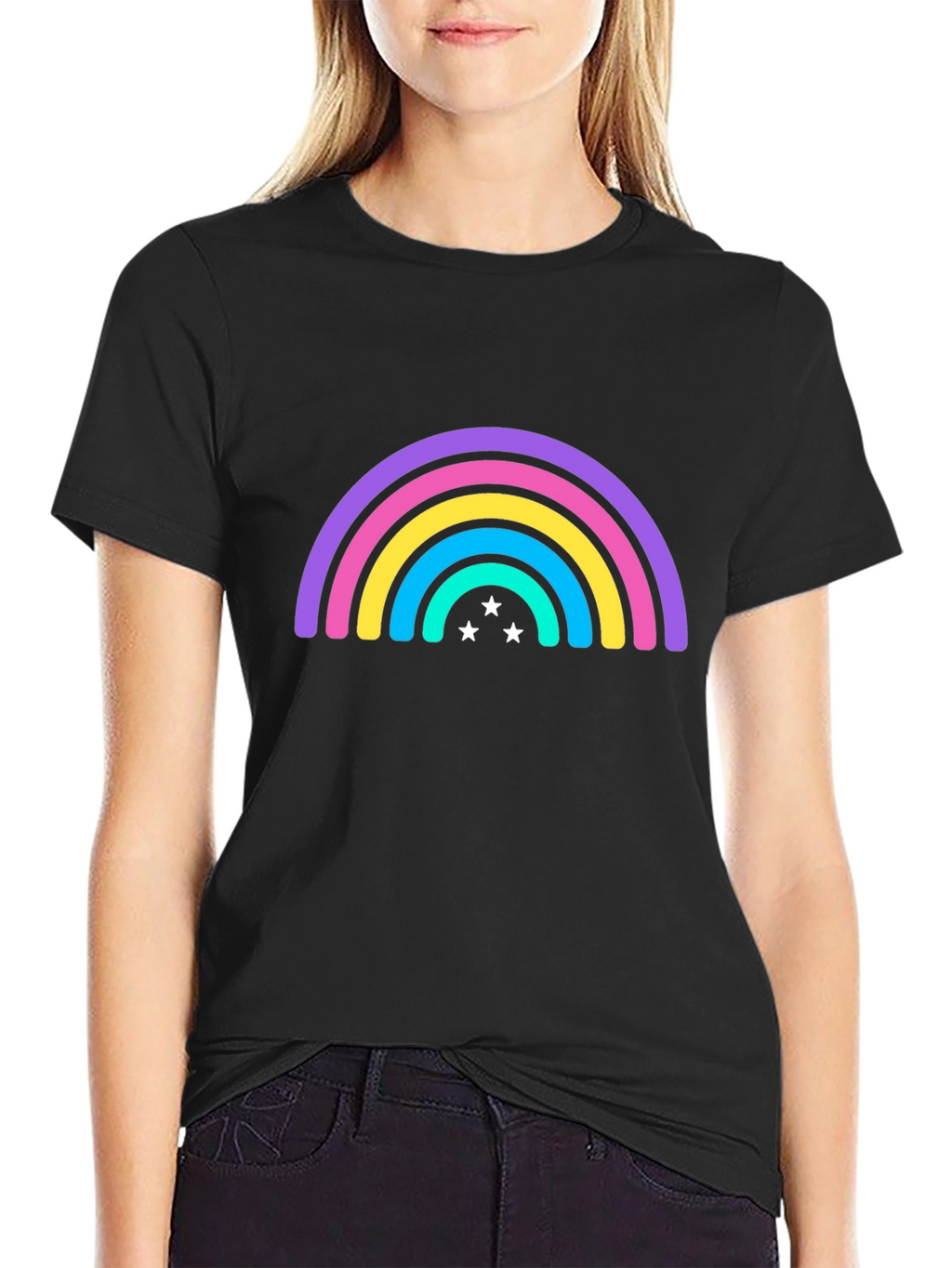 Rainbow Star Graphic Tee - Black Casual T-Shirt