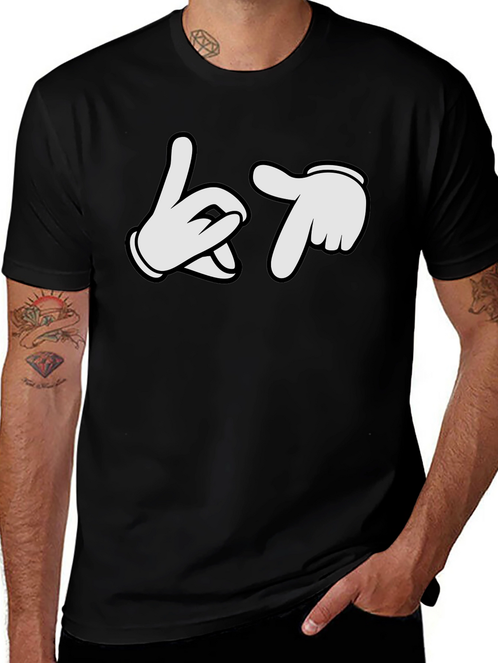 Cartoon Hands Crew Neck Black T-Shirt