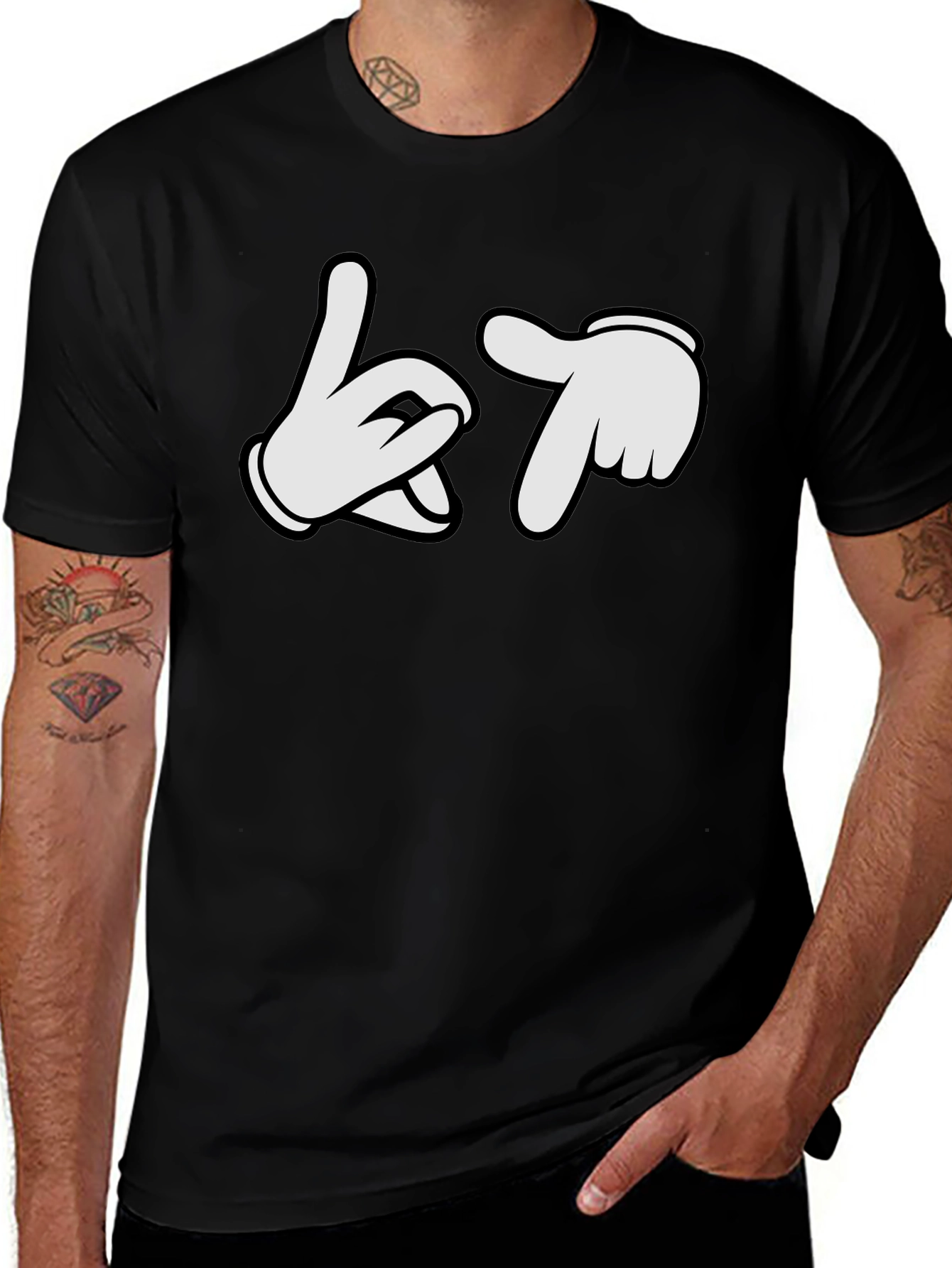 Cartoon Hands Crew Neck Black T-Shirt